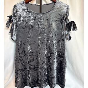 Pleione Crushed Velvet Bow Sleeve Top Large Silvery Blue NWOT Made in USA